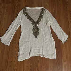 Unbranded White Sheer Silk Size L Gold Beaded Embellishments Neck Top Boho Indie